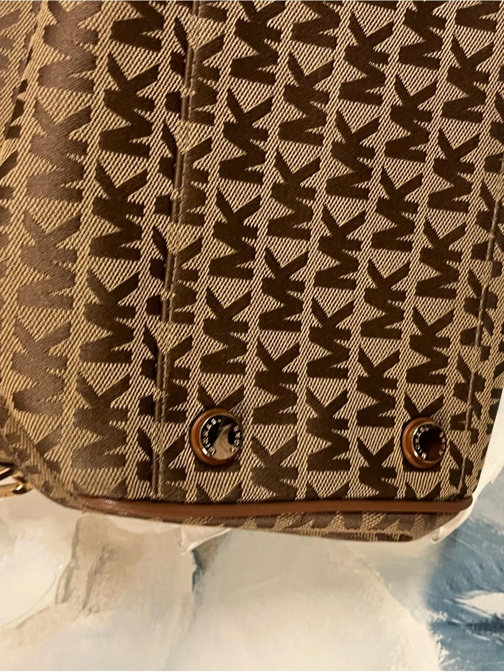 Michael Kors Brown MK Logo Satchel with Striped Yellow-Brown Shoulder Strap